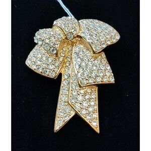 Gold And Clear Rhinestone Bow Brooch 2" Wide X 2.25" Long